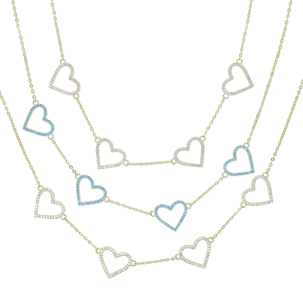 Promotion Gold Plated Colorful CZ Paved Multi Heart Love Charm Choker Necklace Women Lady Wedding Necklaces Valentines Day Gift