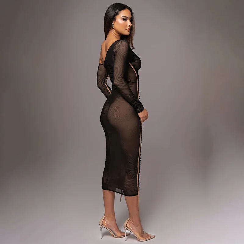 WS8225 2024 Spring and Summer Long Sleeve Double Layer Mesh Dresses Women Good Quality Inclined Shoulder Tight Fitting  Dress