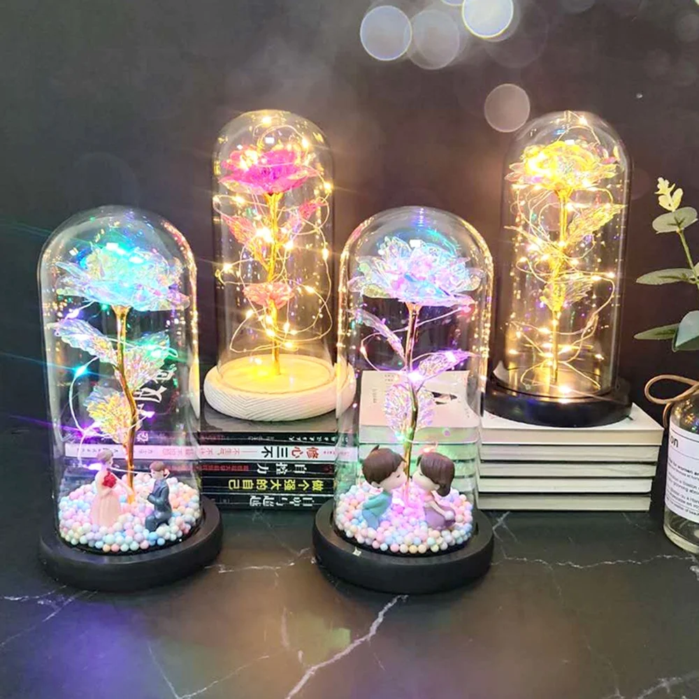 Shining 24k Golden Colorful Rose LED Light String on the Colorful Gold Foil Flowers Rose in Glass Dome