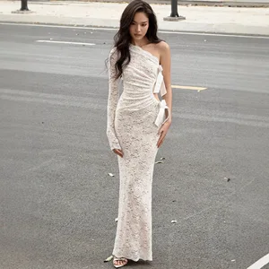 Single Shoulder White Lace Bodycon Dress Sexy Cute Long Dresses for Women Bow Long Sleeve Diagonal Collar Formal Dresses
