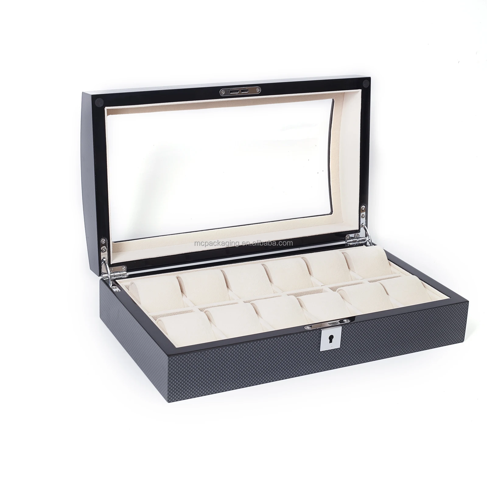 Open black watch box with compartments