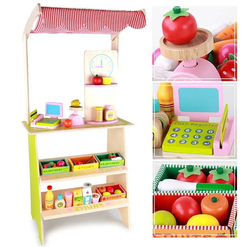 Wooden Pretend Play Supermarket Cash Register Toy Stem Educational Toys