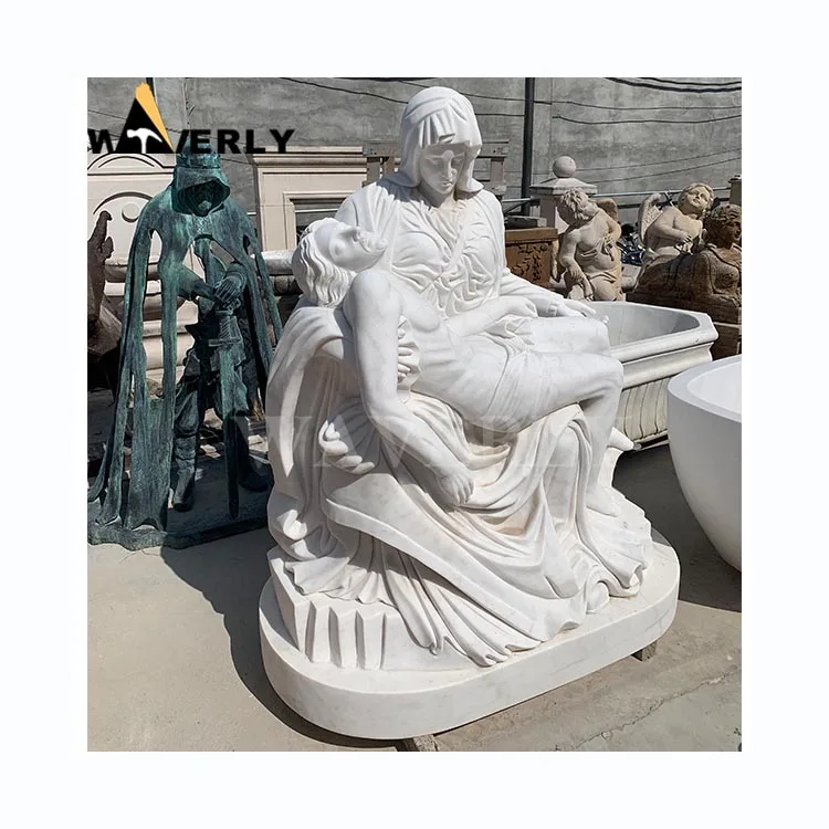 Religious Marble Statue Of Saint Mary Jesus Hand Carved White Marble