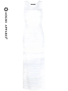 Haute Couture Fashion Ladies Maxi Chiffon Mesh Translucent O-Neck Loose Fit Backless Summer Dress