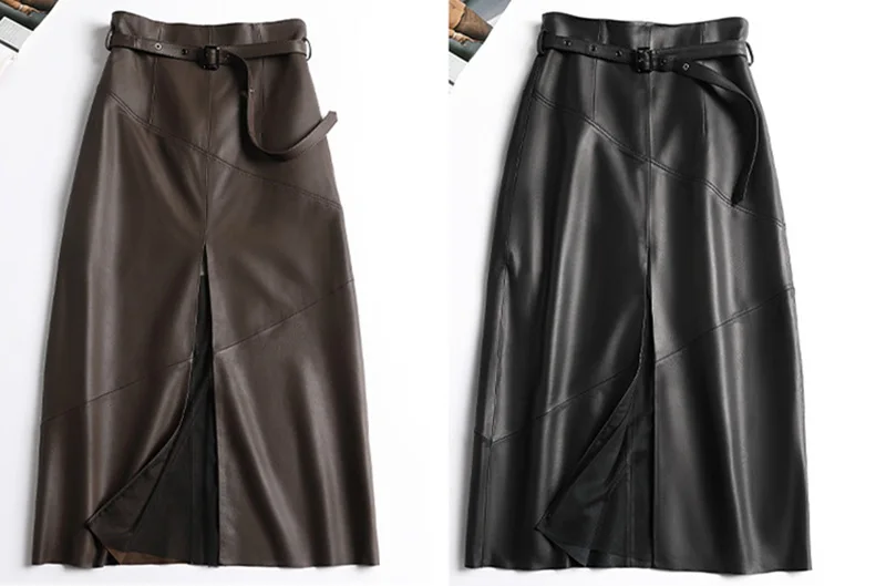 High Waist Split Sheepskin Leather Skirt – Black