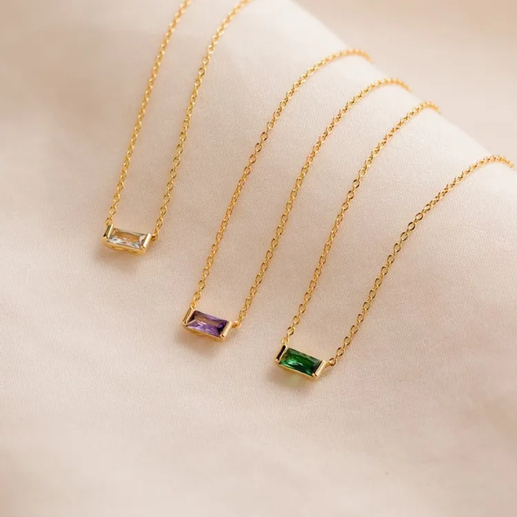 Dainty Minimalist 18k Gold Plated 925 Sterling Silver baguette Cz Diamond Birthstone Pendant Necklace Wholesale