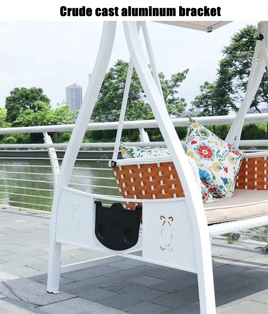 High quality two person double seat white garden outdoor aluminum swing wicker rattan hanging chair for adults