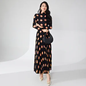 Miyake Women's Classic Pleated A-Line Skirt and Long-Sleeved Stretch Printed Top Set Fashionable Design for Summer