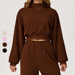 Long Sleeve Crop Top Cotton Athleisure Cropped Top Hooded Women's Sports Quality Pullovers Casual Gym Sweatshirts Hoodies