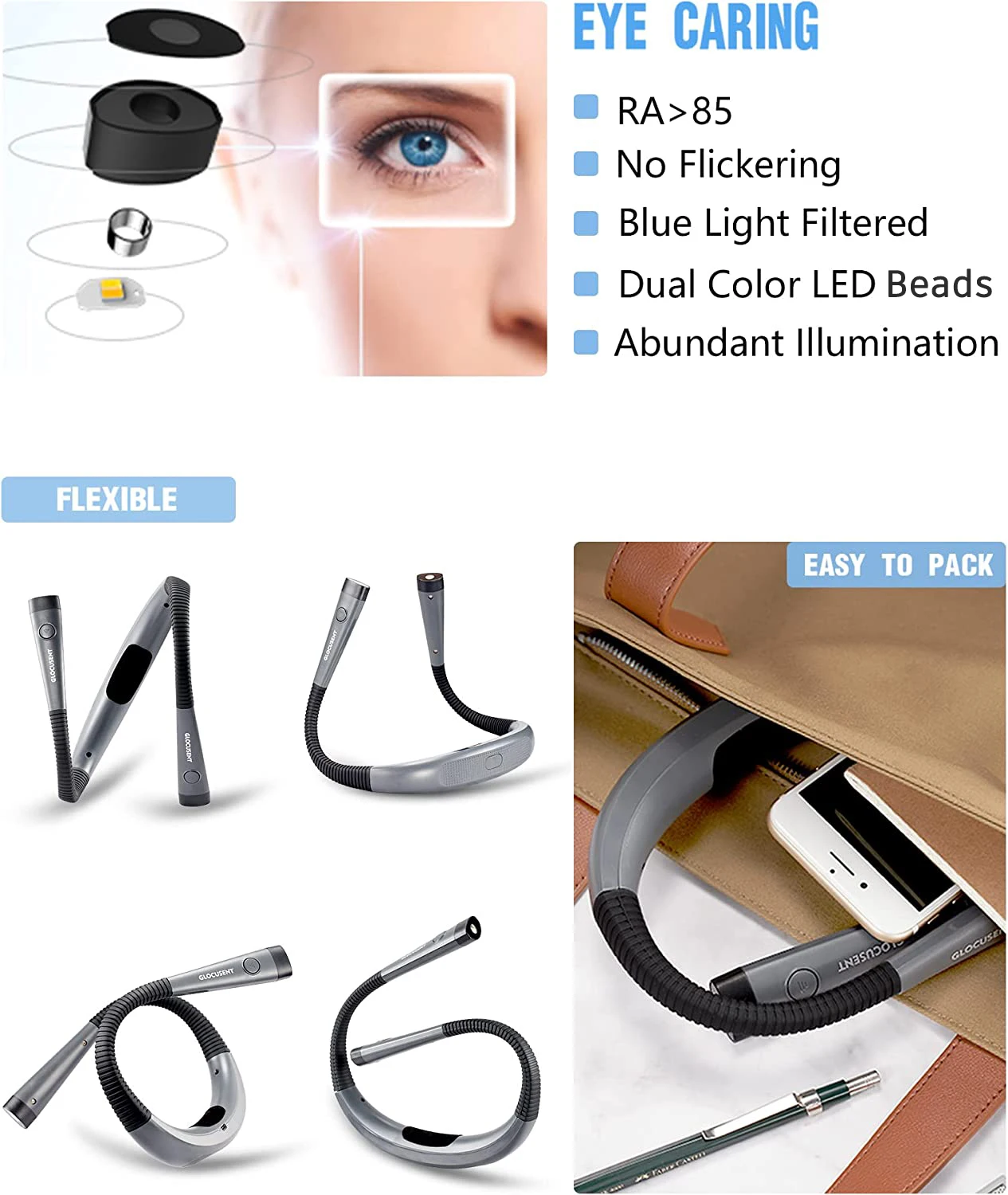 Glocusent Book Light Portable Type-C Rechargeable Long Battery Life Flexible Led Neck Reading Light Book Lamp