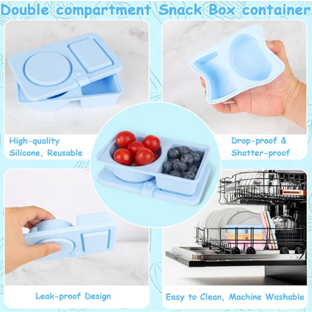 Portable Double-Compartment Silicone Snack Container Foldable Lid Microwavable Seasoning Sauce Box for Cooking Lunches factory