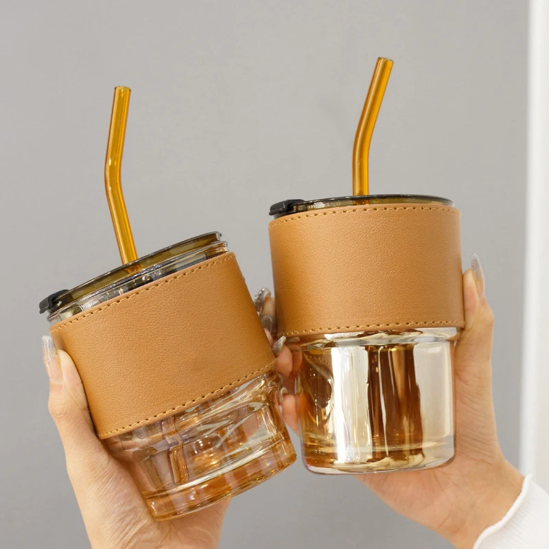 Custom Creative Transparent Glass Thermal Insulation Glass Coffee Mug Portable Leather Case With Lid Straw