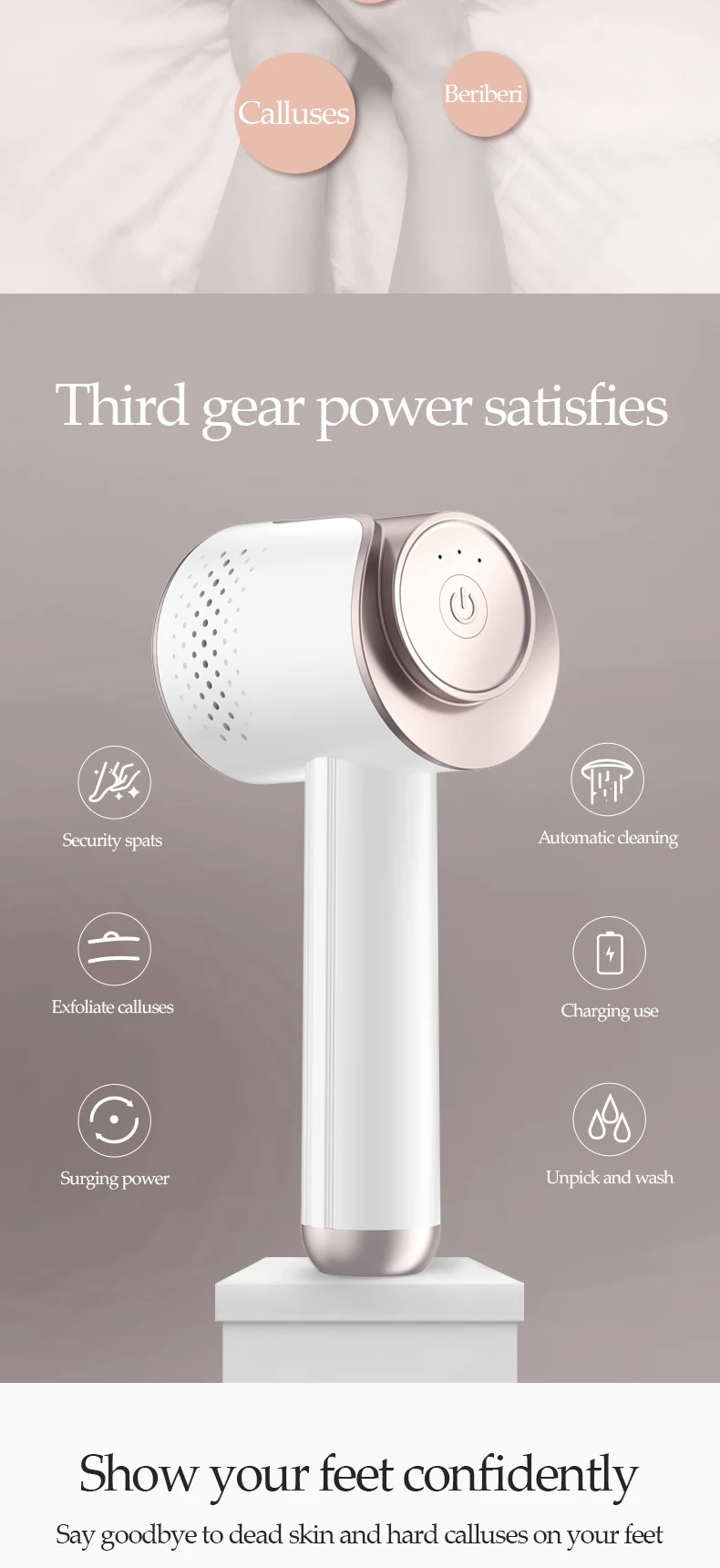 Electric Foot File With Vacuum Waterproof Feet Scrubber For Cracked