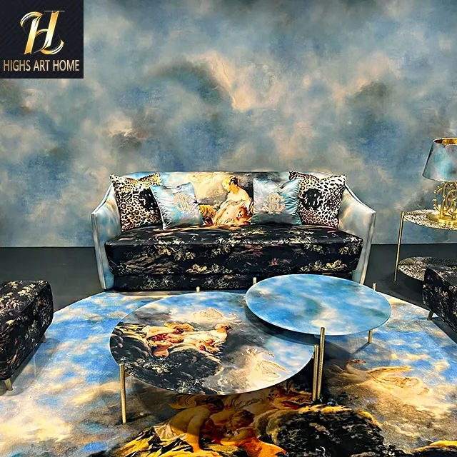 Nordic Design Italian Oil Painting Style Cloth Sofa Designer New Leopard Print Three Sofa for Villa Living Room