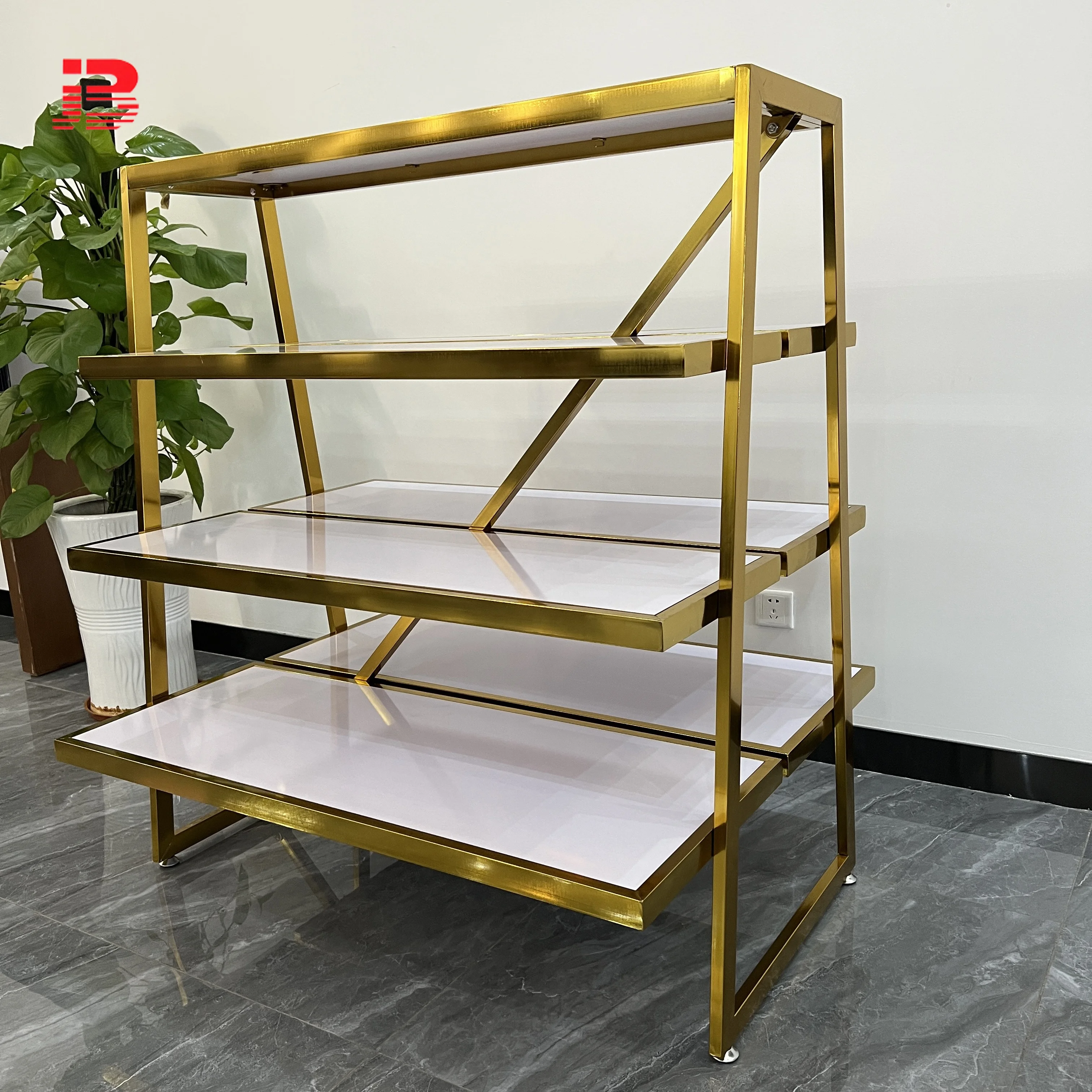 Gold metal multi-layer wooden center island display stand