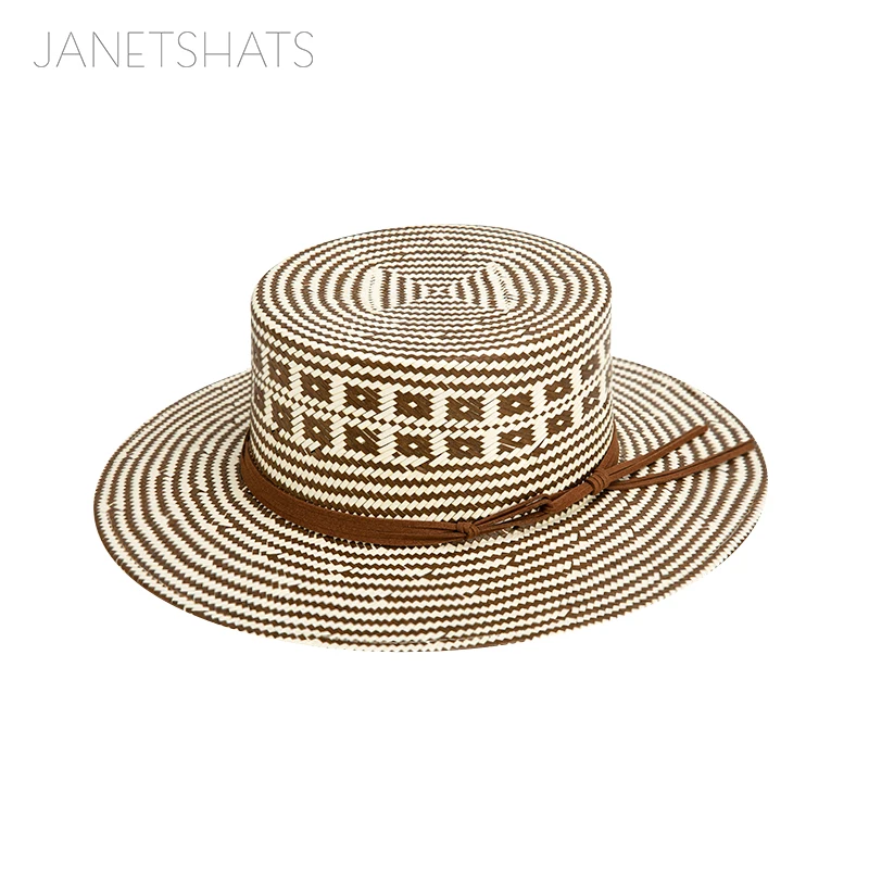 Custom Geometric Colombian Pattern Boater Wide Brim Hat Handmade Chapeau Femme Breathable Paja Jazz Hat for Travel and Fishing
