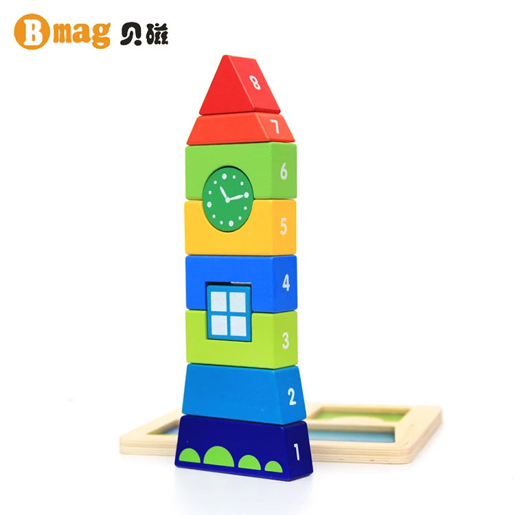 3D Clock Tower DIY Stack Column Building Blocks Puzzles Kids Educational Wooden Toys for Birthday Gifts