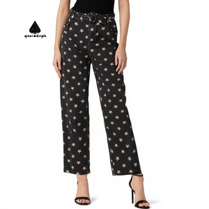 Custom Pattern Printed Designer Inspired Straight Leg Jeans High Quality Pants with Belt Streetwear Trousers Manufacturer