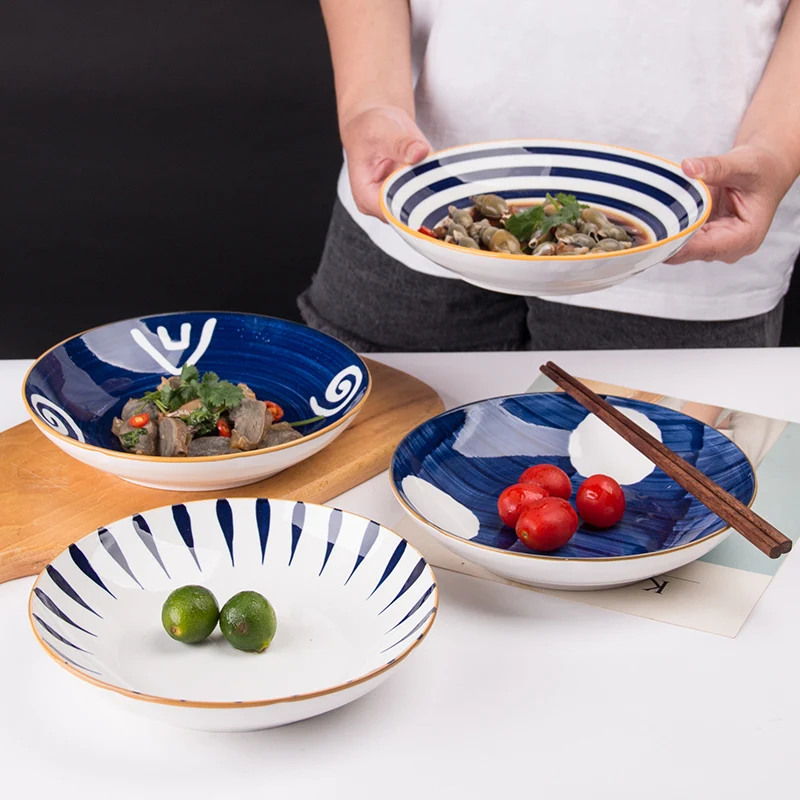 8 Inch Disposable Eco-Friendly Ceramic Japanese Style Design Mixing Hand Painted Ramen Rice Soup Bowl Plate Noodle Set