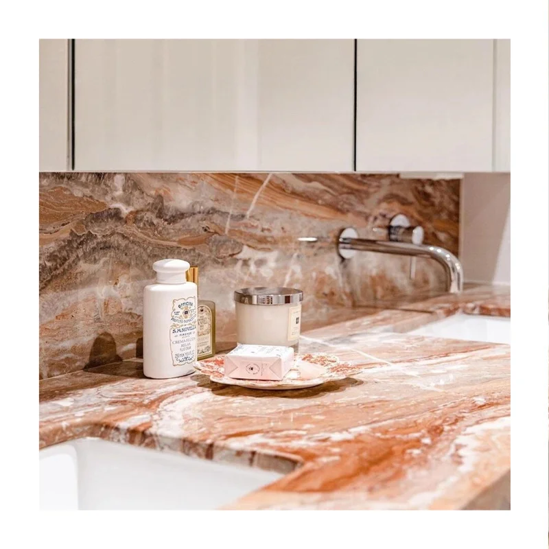 Modern Luxury Customized Pink Sintered Stone Basin Sink Extendable Vanity Bathroom Countertop Furniture for Hotels Coffee Tables