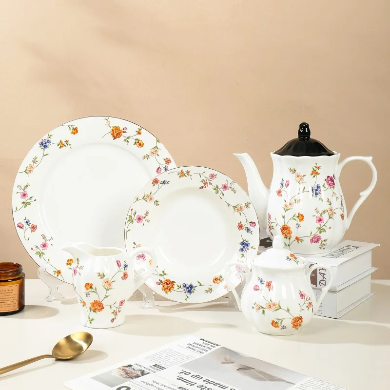 Wholesale Ceramic Flower Prints Cup and Saucer Set Elegant Tea Pot Set Restaurant Personalized Decal Tableware Set