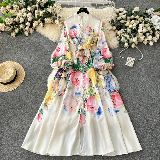ZT1269 2024 early spring new small print French bubble sleeve breasted stand collar slim-fit style maxi dress