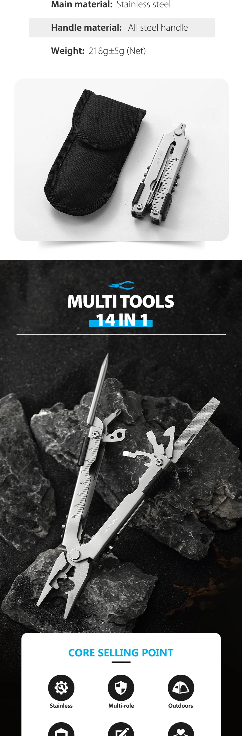 14in1 Stainless Steel Multitool Tactical Folding Pocket Pliers Screwdrivers Knife Awl Multi Tool