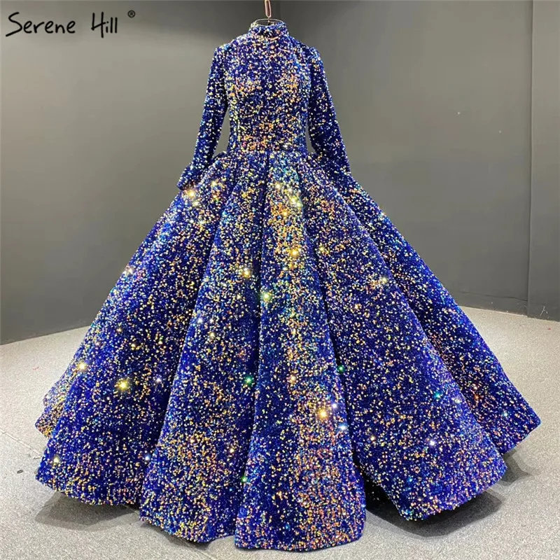 
Роскошные свадебные платья Дубай цвета синего золота 2021 Serene Hill HA2068 Блестящие Свадебные платья с длинными рукавами на заказ 
