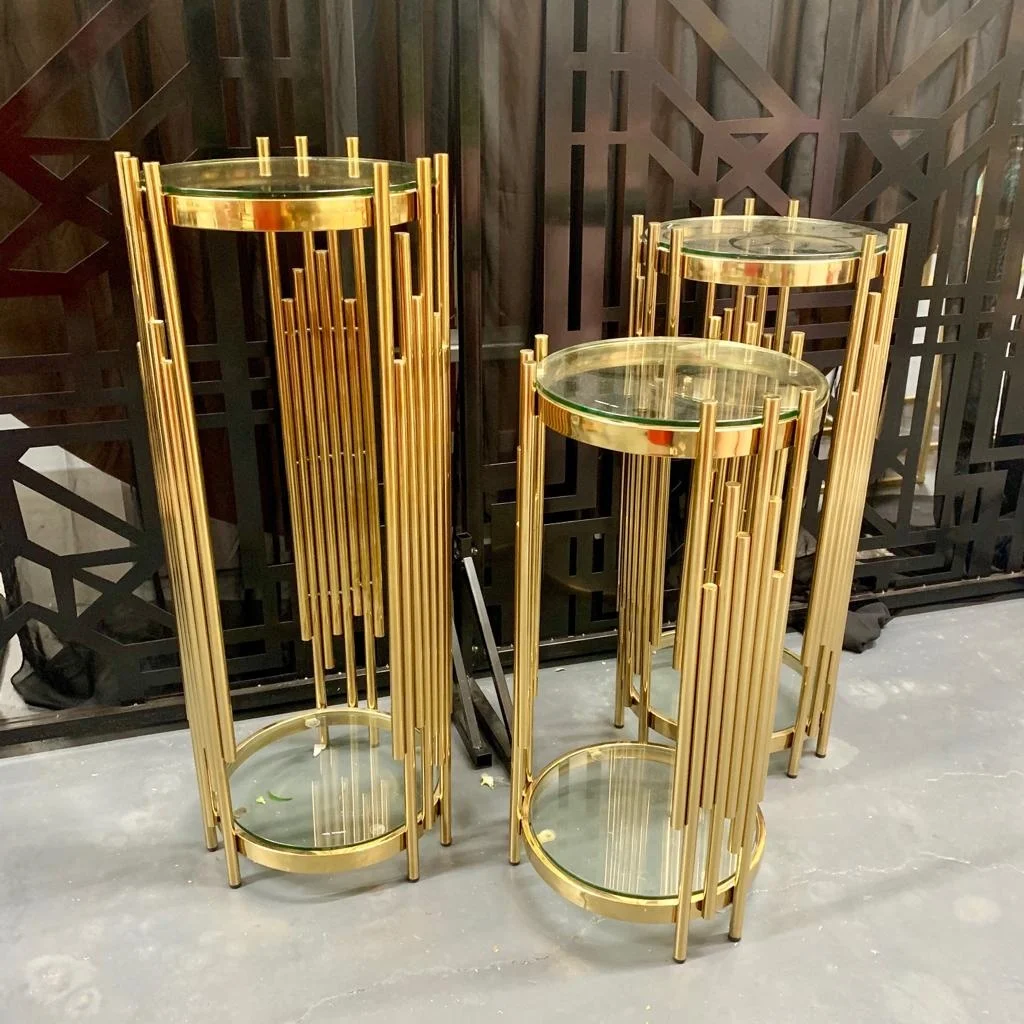 Tall Gold Metal Round Flower Stand Wedding Centerpieces With Glass Top Plate
