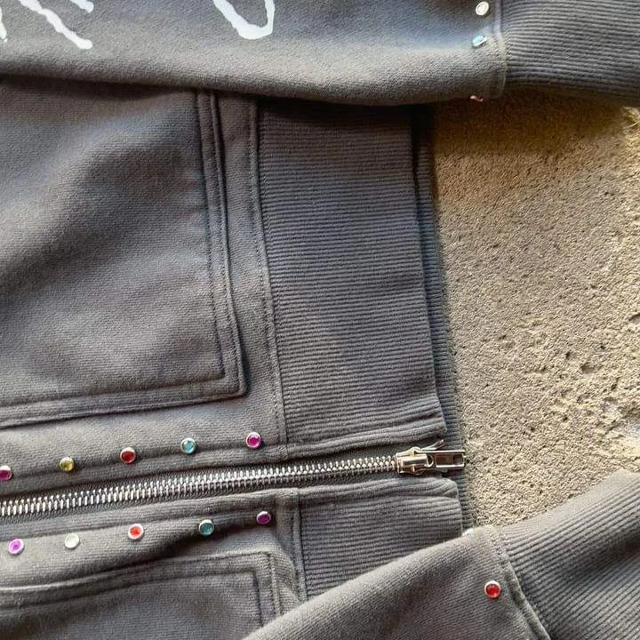 SALATI OEM Custom Sunfaded Sun Faded Acid Wash Vintage Rivet Full Zip Rhinestone Zip up Hoodie Men With Rhinestone gallery 3