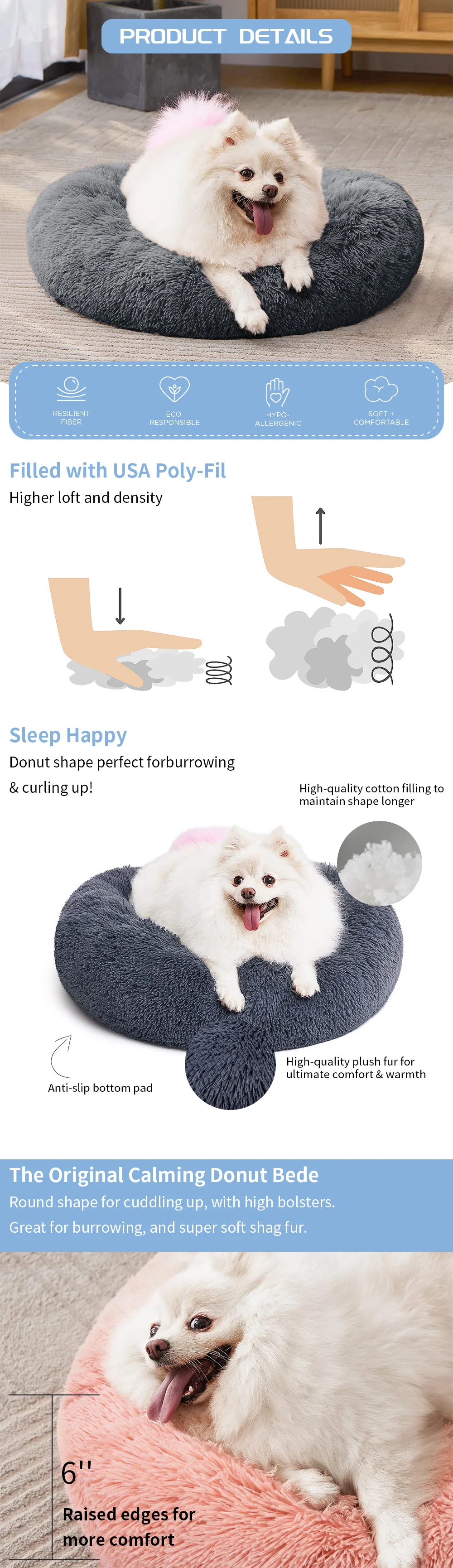 New Arrivals soft plush washable warm fluffy luxury calming round donut pet dog bed manufacture