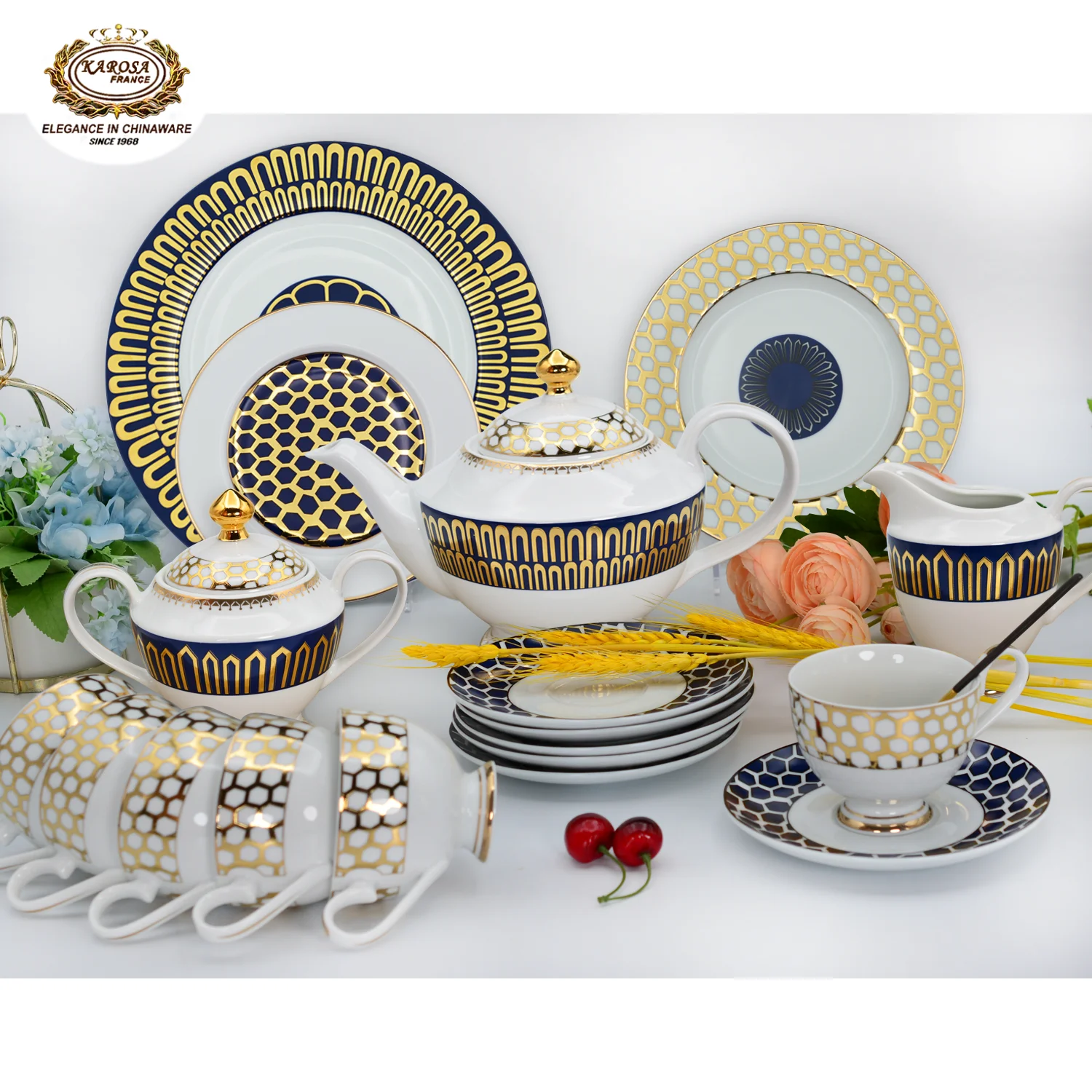 Juego de cena de porcelana de lujo, set de vajilla de oro puro de