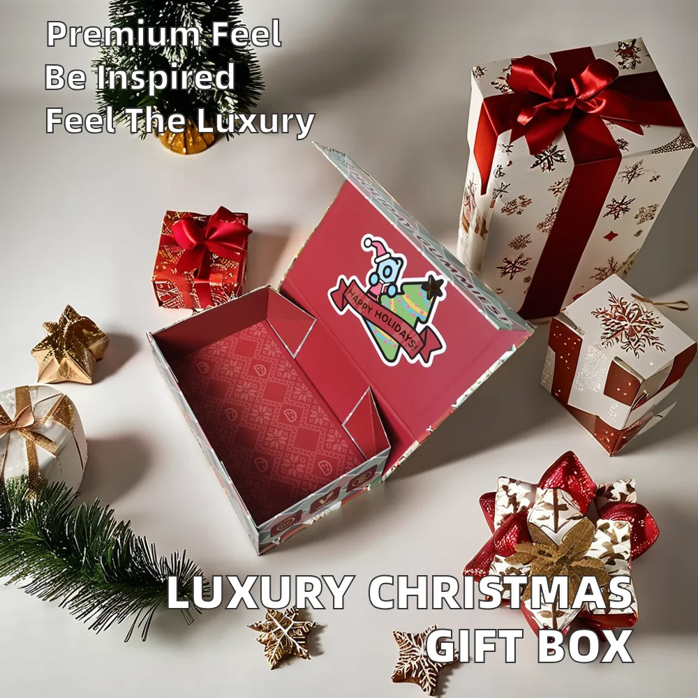 Caja de regalo navideña personalizada de papel kraft con ventana, para caramelos, galletas, productos de repostería, copos de nieve, nueces y otros dulces; con barnizado y asa, apta para uso festivo