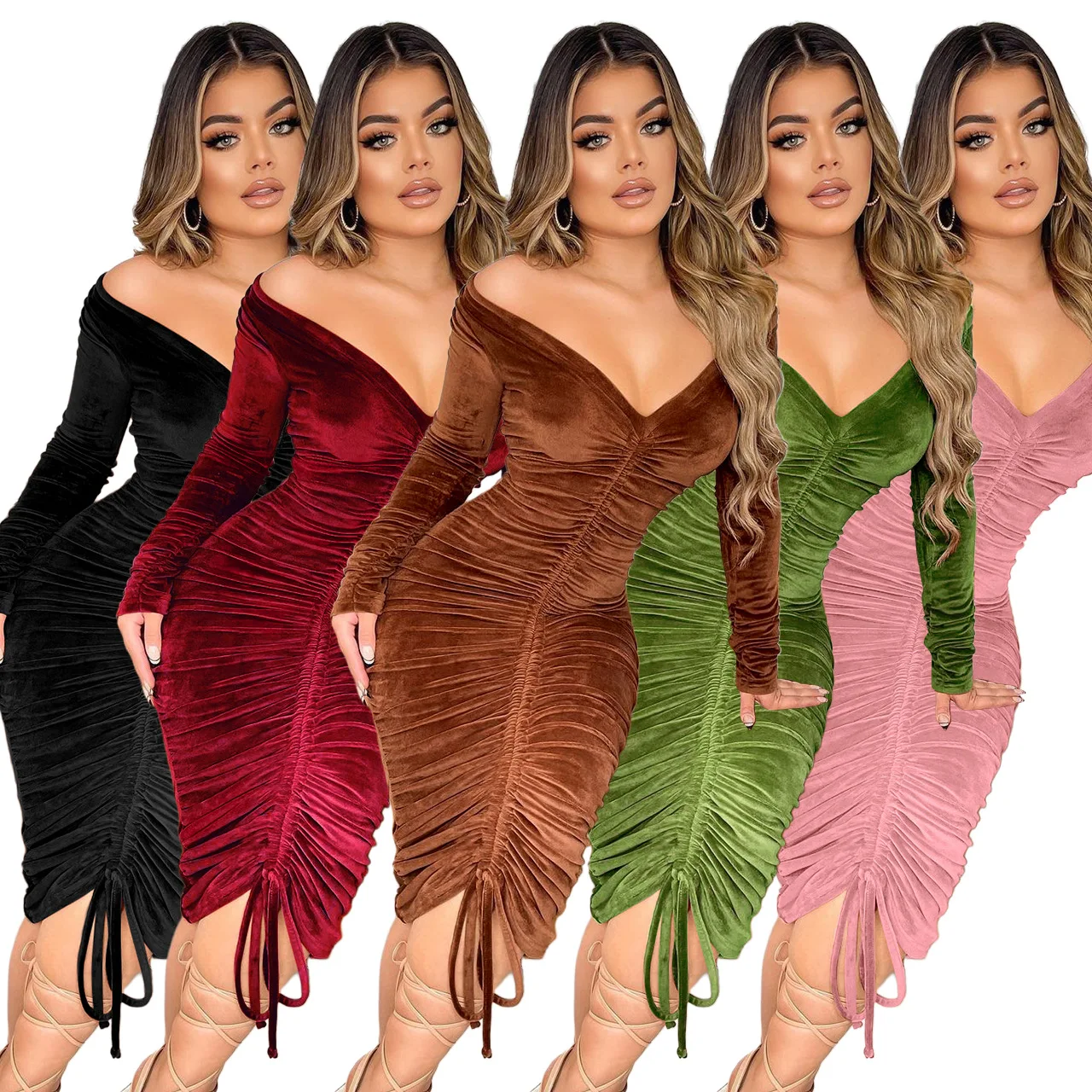 Latest Design Solid Velvet Bodycon Dress Party Wear Dresses for Women Elegent Fashion Style Off Shoulder Pleated Dresses 2022