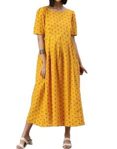 New Arrival Floral Polyester/Cotton Midi Pleated Loose Fit Maternity Robes Malaysia Fashion Casual Wear Spring