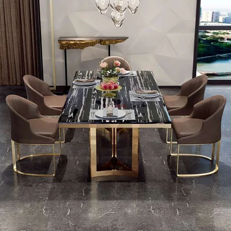 高級ダイニングルーム家具セット長方形大理石トップゴールドステンレス