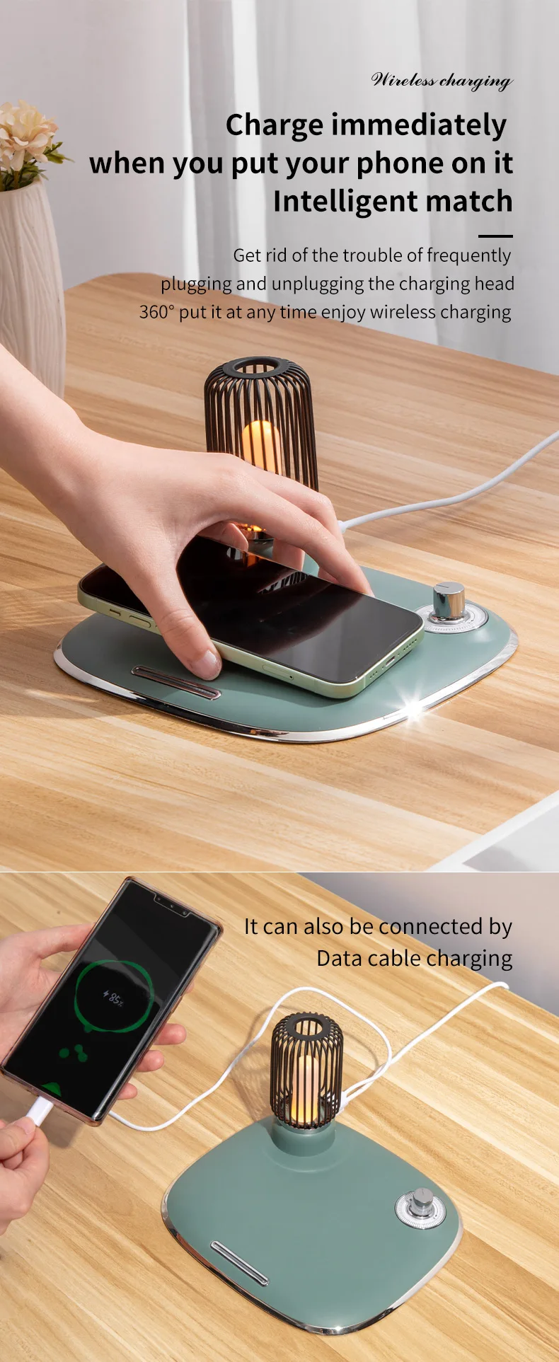 2-in-1 Adjustable Bedside Table Rotating Switch 15W 10W 7.5W 5W Wireless Phone Charger Amber Light Lamp Multi-Function