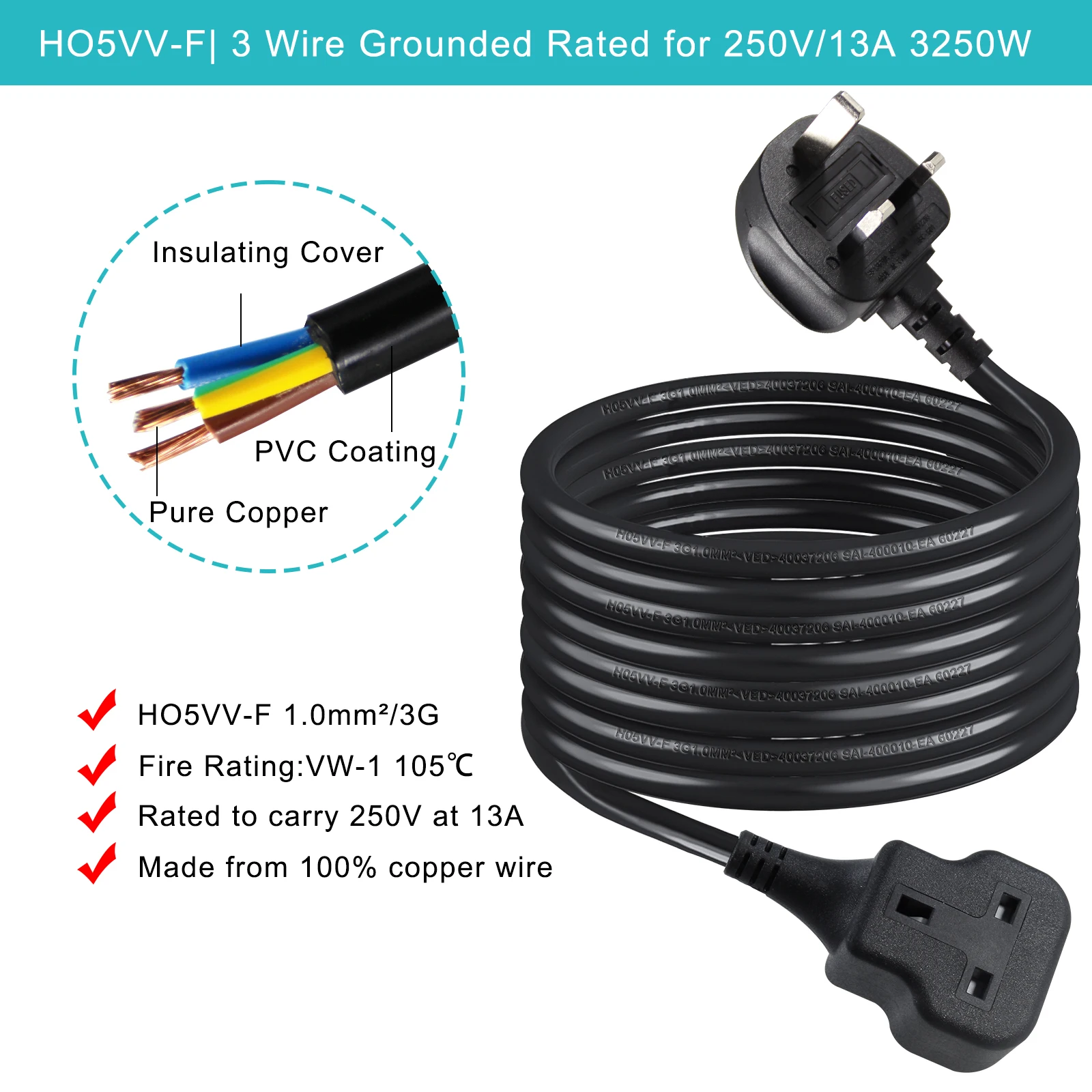 15a Black Type Electric Plug Cable 220v 12v Adapter Cctv Insulated Copper Cord Uk Ac Power Socket With Fuse 14