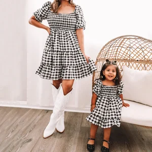 New Summer Holiday Vacation Casual Puff Ruffled Flared Sleeve Plaid Mom and Me Matching Outfits Dress