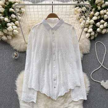 Fashion long sleeve shirt women chic chic heavy embroidery hook flower quality sweet French top