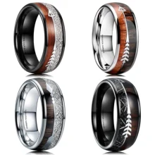 Wholesale Price 8mm Domed Arrow Wood Meteriote Inlay Tungsten Wedding Band Rings for Men Promise Ring for Him Comfort Fit