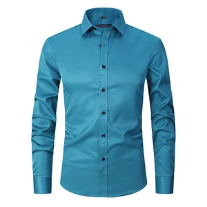 Men's Anti-Wrinkle Casual Slim Shirt Elastic Single Breasted with Twill Fabric Solid Color Size EU for Autumn