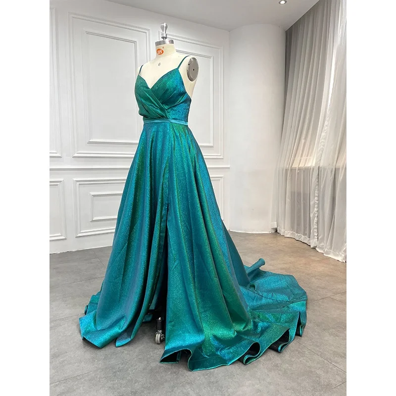 Women Modest Evening Dresses Spaghetti Straps Leg Open Evening Gown Elegant  Pleated Prom Party Dresses