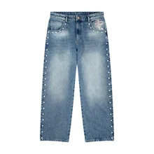 Custom Special Design Jeans Baggy Fit Denim Washed Jeans With Side Pearl