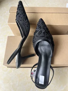 QuiteS 2026 Designer Woman's Summer Sandals New Temperament Pointy Toe Slipper Embroidered Beaded Lace Mesh Thin Heels PU Insole