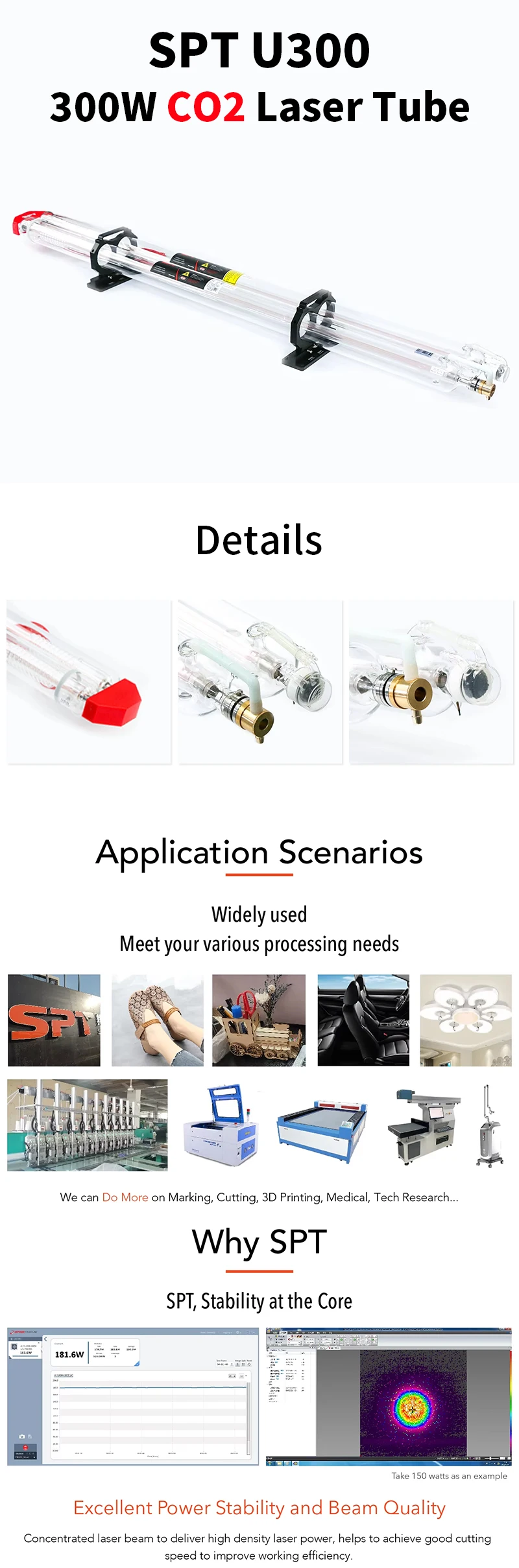 Hot Sales SPT U300 300W CO2 Laser Tube 1064nm Wavelength for High Power Laser Cutting Machine Brand New