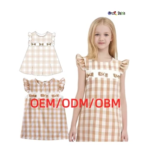 OEM ODM OBM Children's Clothing Flying Sleeve Khaki Plaid Toddler Girl Dresses With Bow Tie