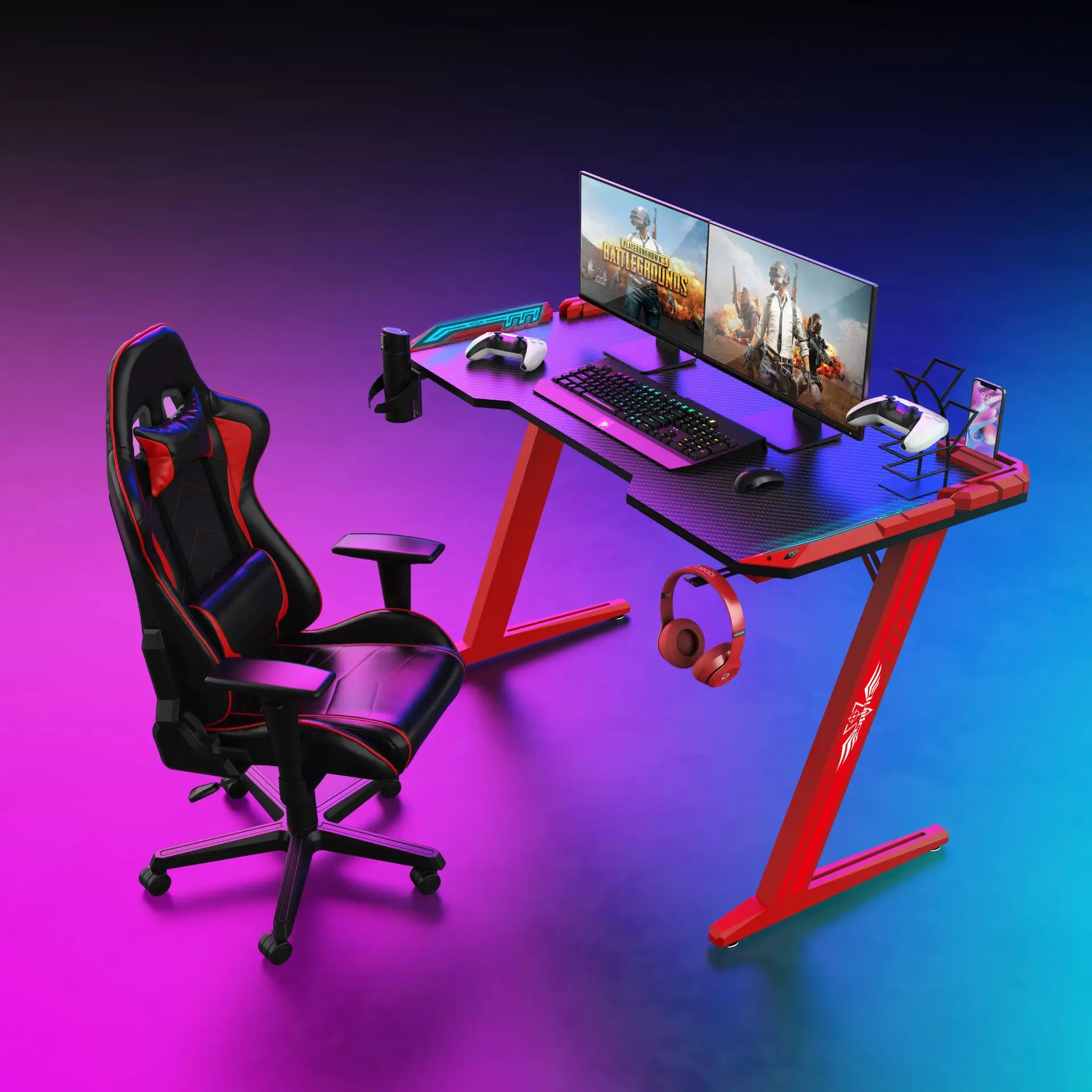 Modern Ergonomic Z Shaped Red Rgb Gaming Table Carbon Fiber Surface Pc