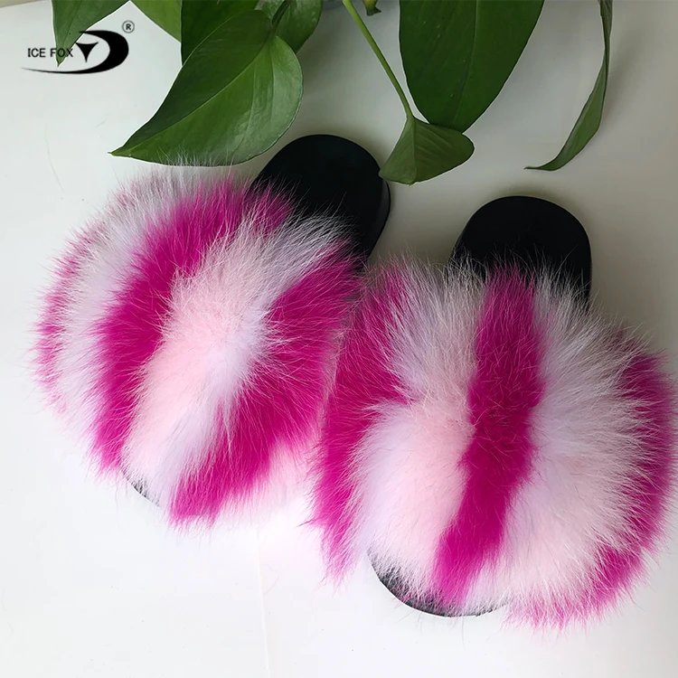 Женские меховые тапочки оптом, плюшевые тапки из натурального Лисьего меха, сланцы из лисьего меха для женщин