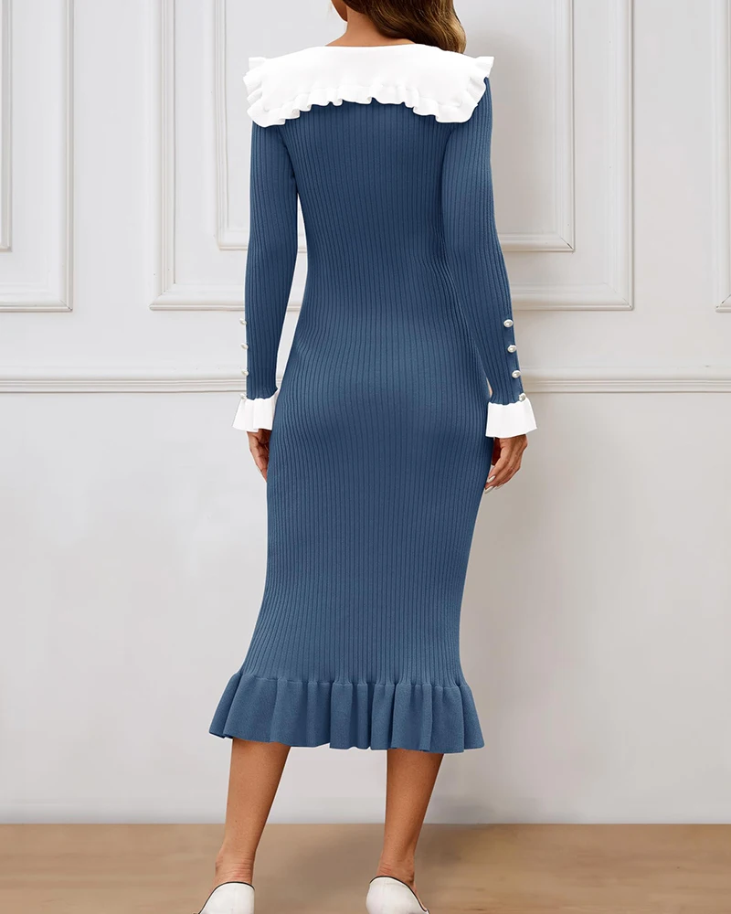 Contrast Midi Elegant Women's Sweater Dress Long Flare Sleeve Button  Slimming Fit Vintage Ruffle Long Dress for Office Lady